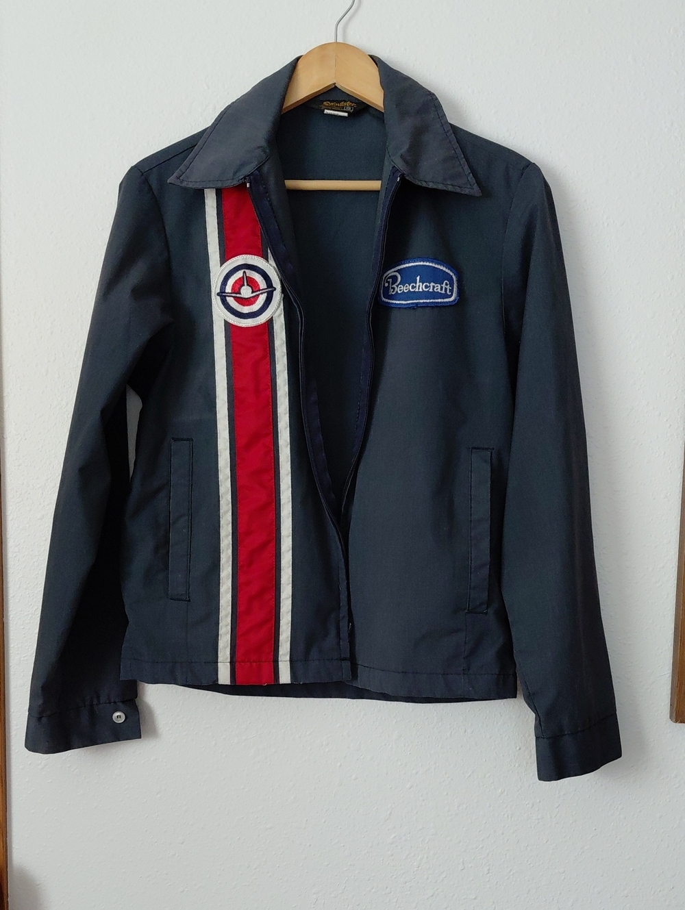 Vintage Beechcraft Navy Jacket with Red & White Racing Stripe and Airplane Logo